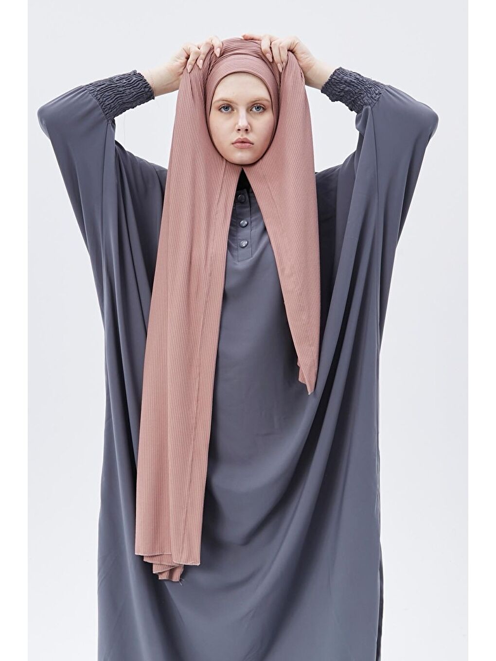 Pembe Hazır Pratik Geçmeli Lüks Organik Çizgili Kaşkorse Şal Çapraz Hizalı