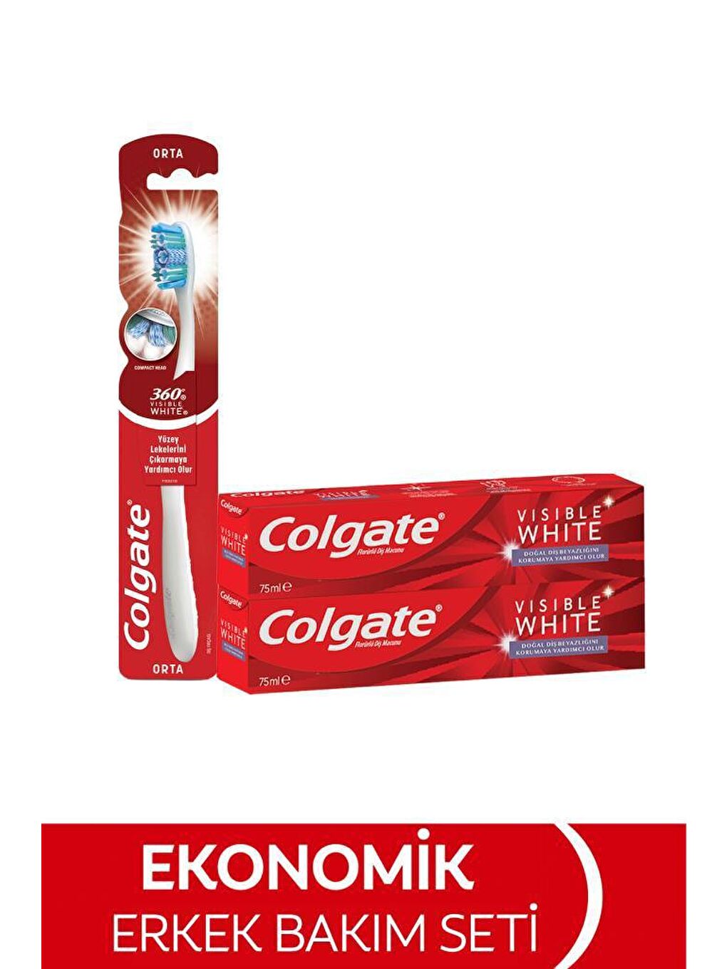 Colgate Karışık Visible White Maksimum Beyazlık Diş Macunu 75 ml x 2 Adet - 360 Orta Diş Fırçası