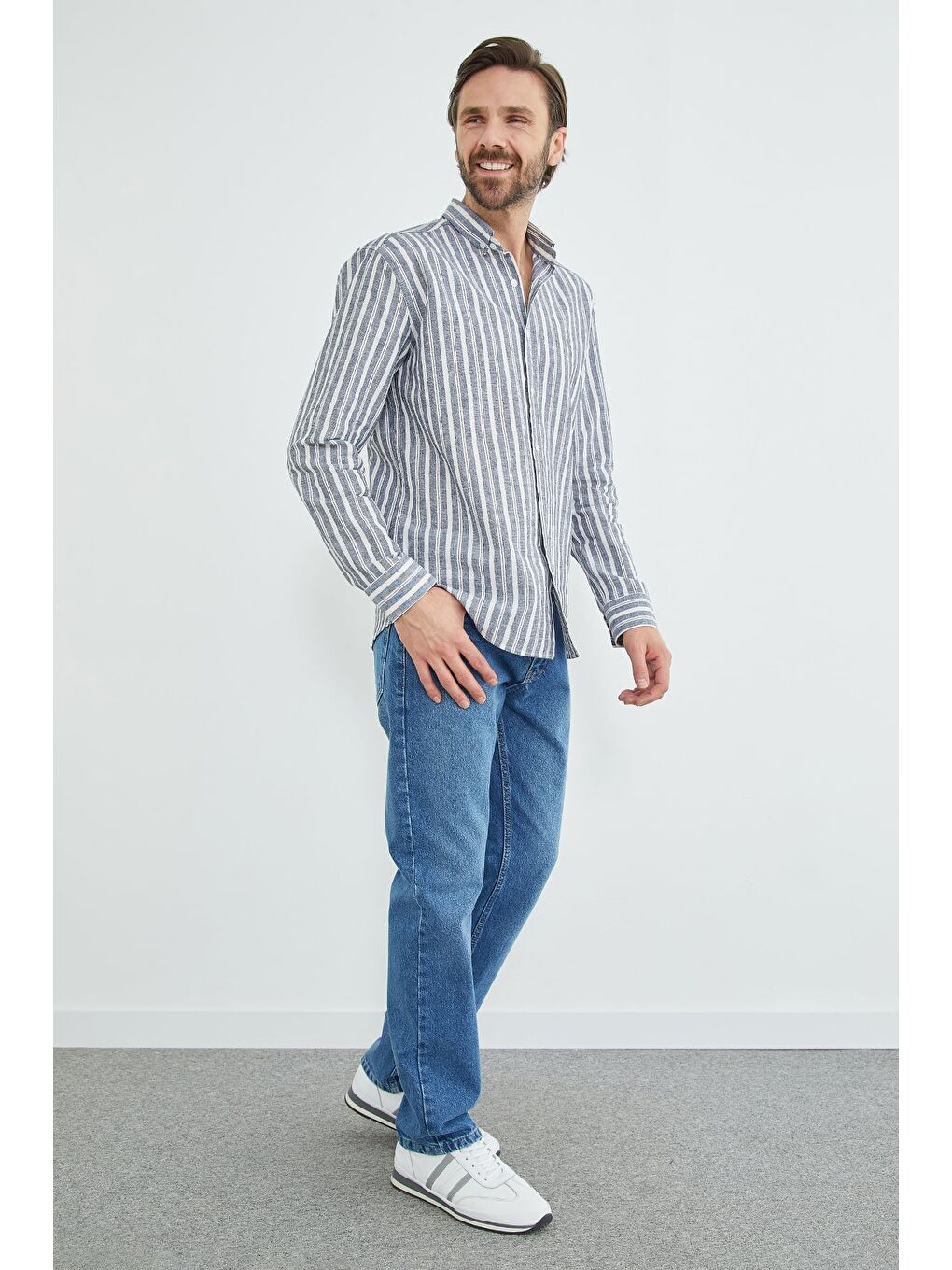 Lacivert Çizgili Keten Görünümlü Gömlek-2