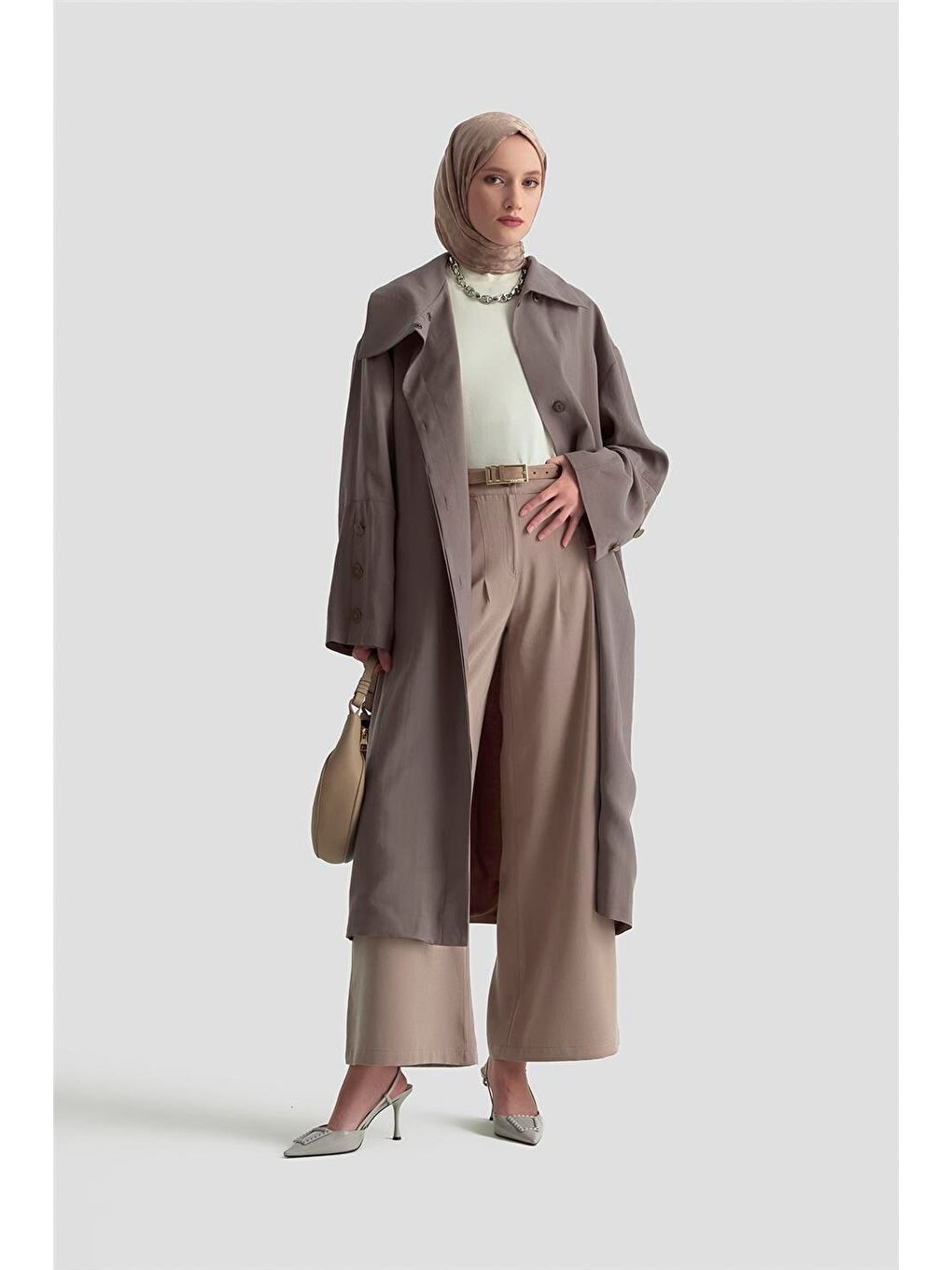 Kahverengi Yakası Dökümlü Trençkot 25K7914 Kakao-1