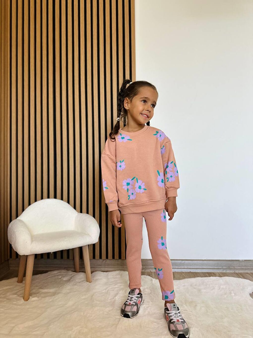 Karışık Kız Çocuk Pamuklu Somon Çiçek Desenli Sweatshirt Ve Tayt Eşofman Takım-1