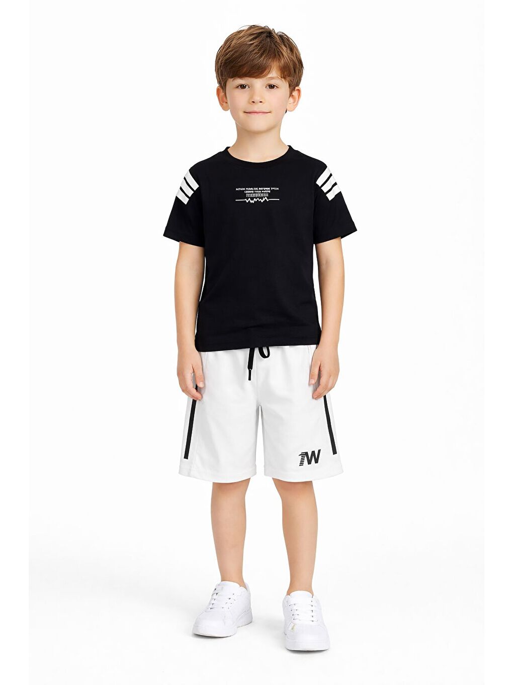 Siyah Şerit Detaylı Yazılı Tişörtlü Erkek Çocuk Şortlu Takım 23771