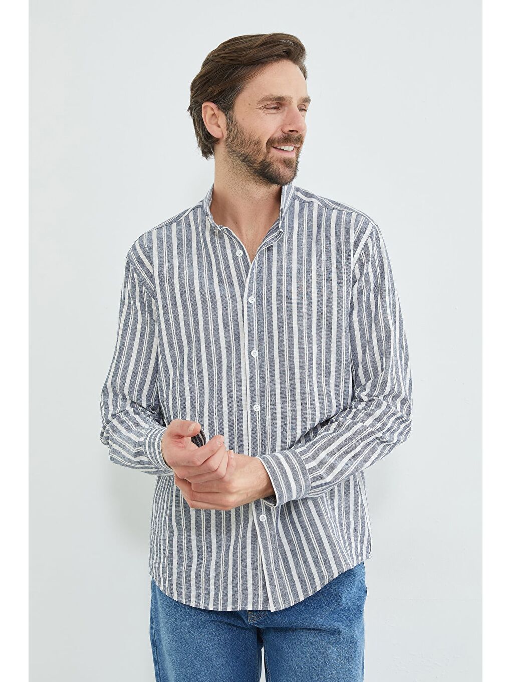 Lacivert Çizgili Keten Görünümlü Gömlek-3