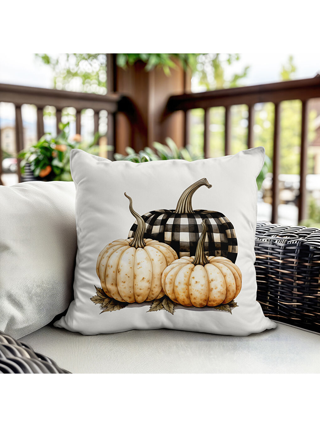 Karışık Çift Taraf Baskılı Kadife Doku Sonbahar Ve Kabak Desenli Kırlent Kılıfı