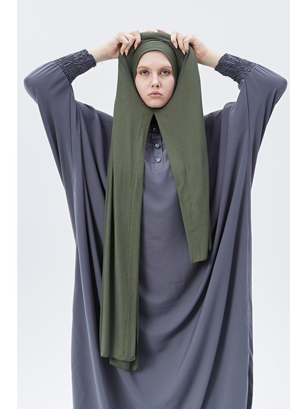 Haki Hazır Pratik Geçmeli Lüks Organik Çizgili Kaşkorse Şal Çapraz Hizalı
