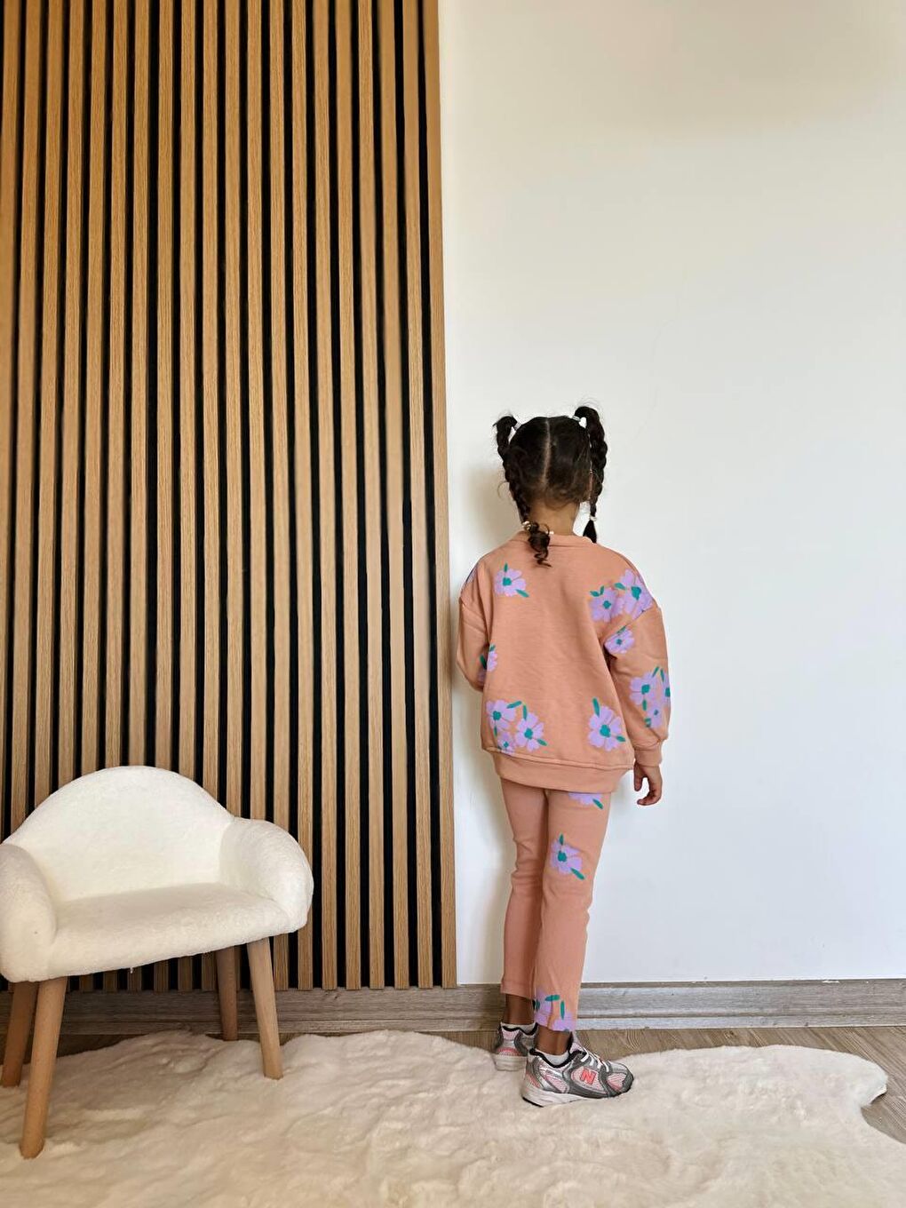 Karışık Kız Çocuk Pamuklu Somon Çiçek Desenli Sweatshirt Ve Tayt Eşofman Takım-2