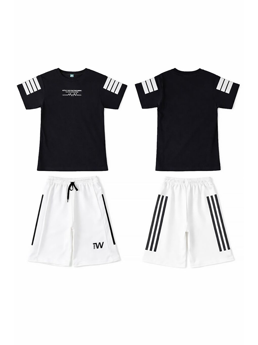 Siyah Şerit Detaylı Yazılı Tişörtlü Erkek Çocuk Şortlu Takım 23771-4