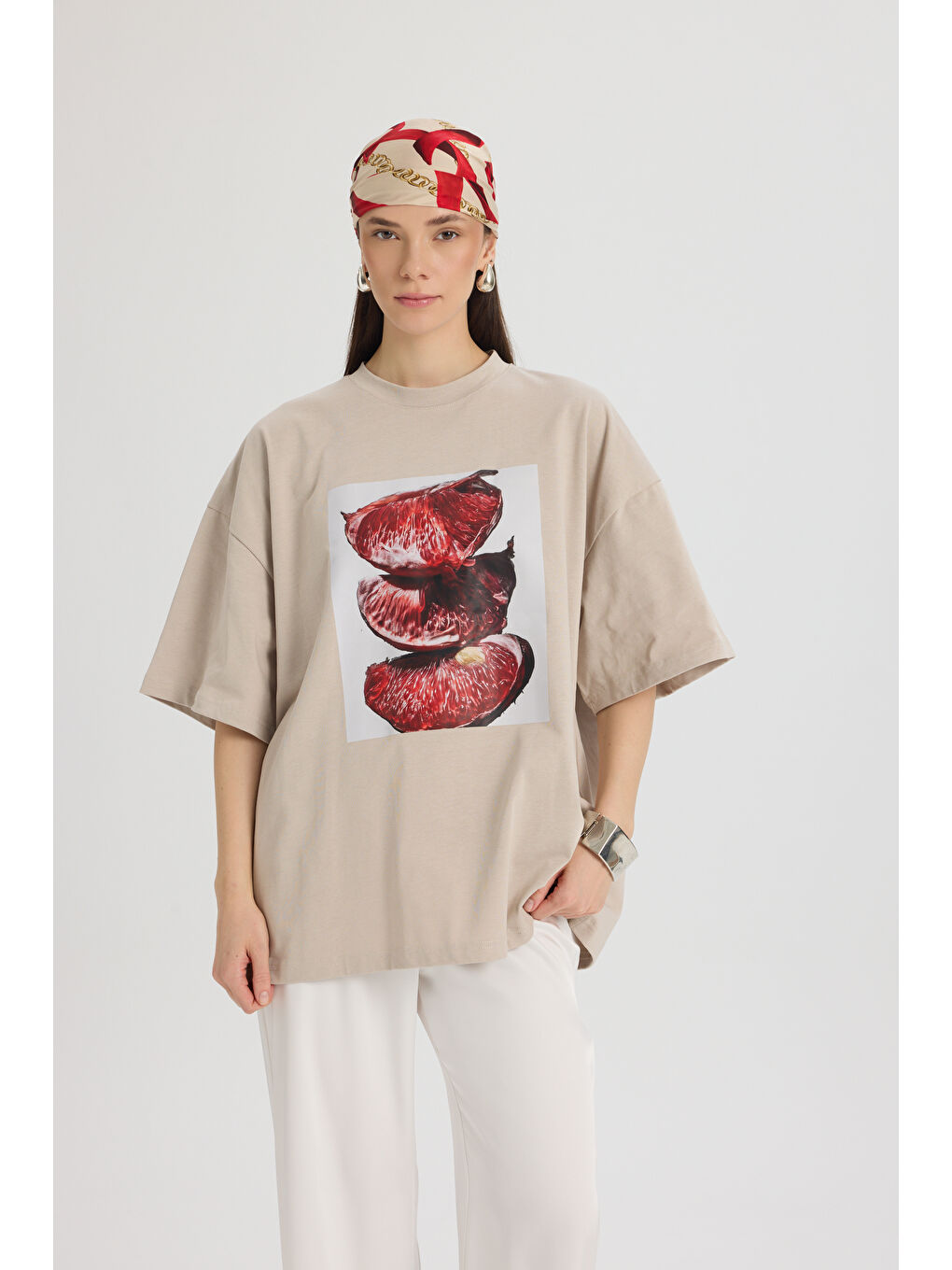Bej Pomelo Oversize Taş T-Shirt-1