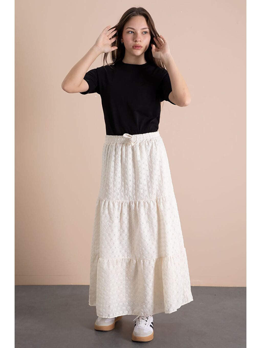 Ekru Krem Kız Çocuk Uzun Kesim Fistolu Etek 23778-1