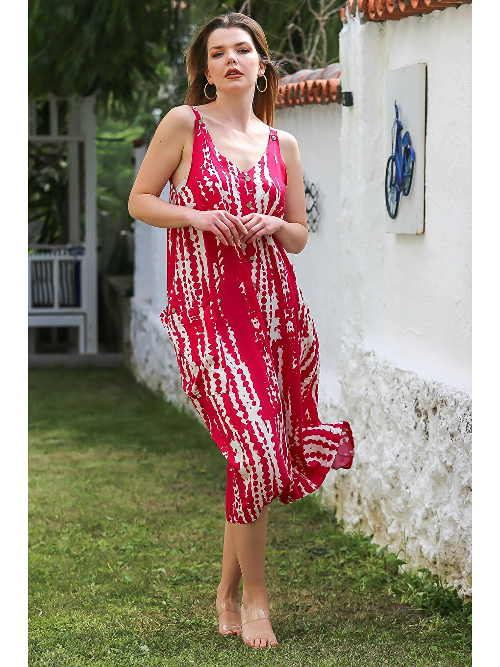 Kırmızı Askılı Düğmeli Cepli Allover Baskılı Casual Viskon Dokuma Elbise 115 60-2