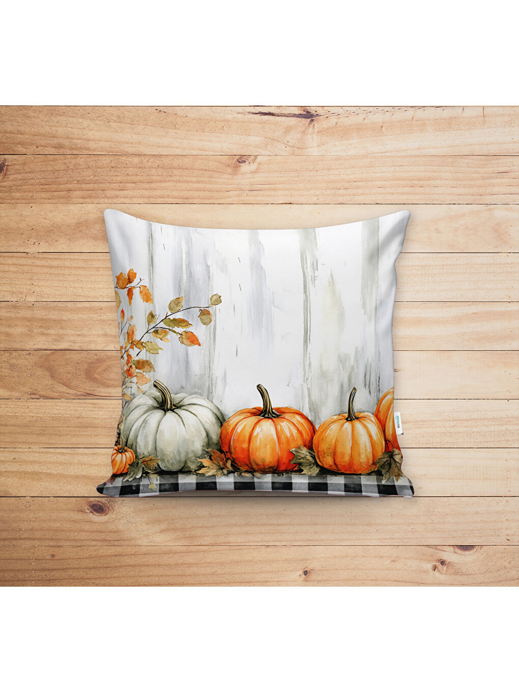 Karışık Çift Taraf Baskılı Kadife Doku Sonbahar Ve Kabak Desenli Kırlent Kılıfı-1