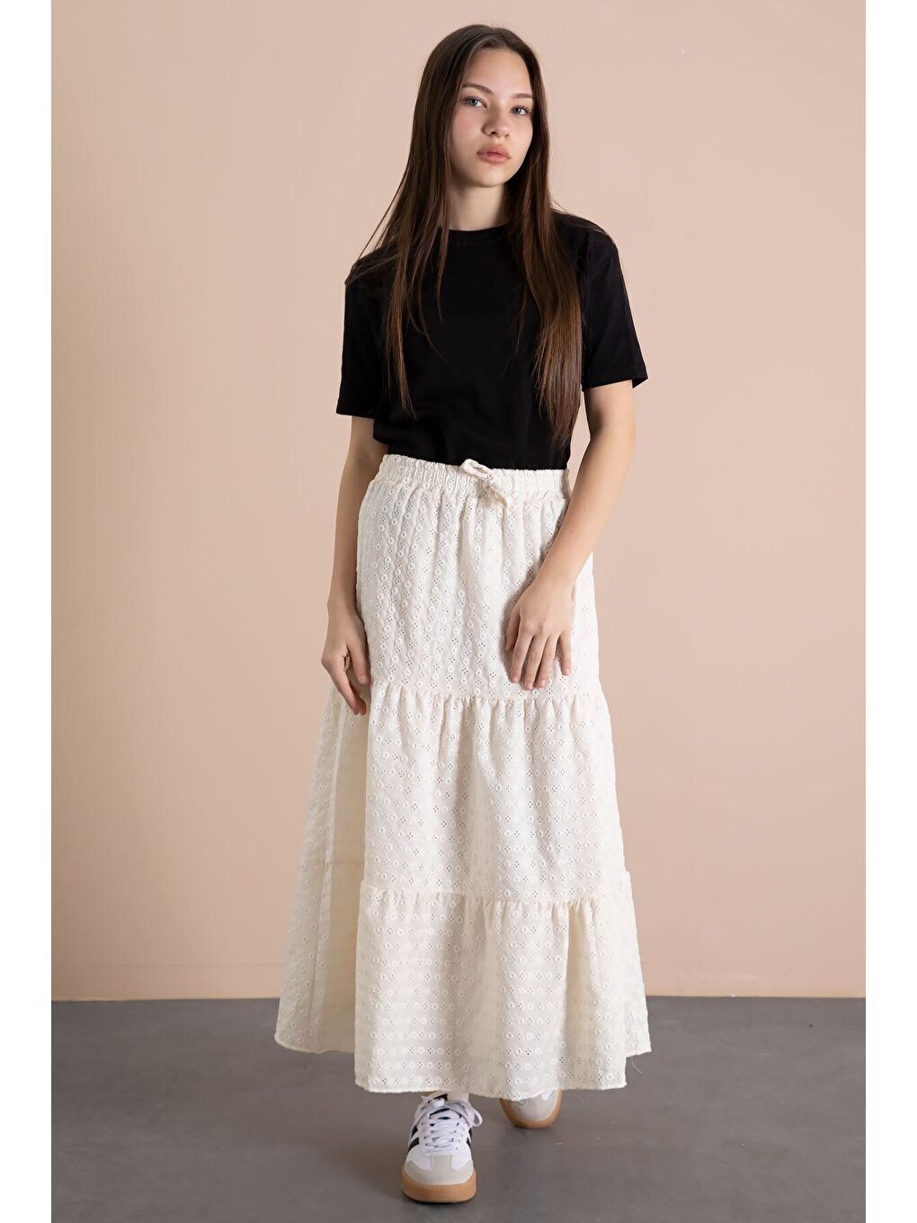 Ekru Krem Kız Çocuk Uzun Kesim Fistolu Etek 23778-2