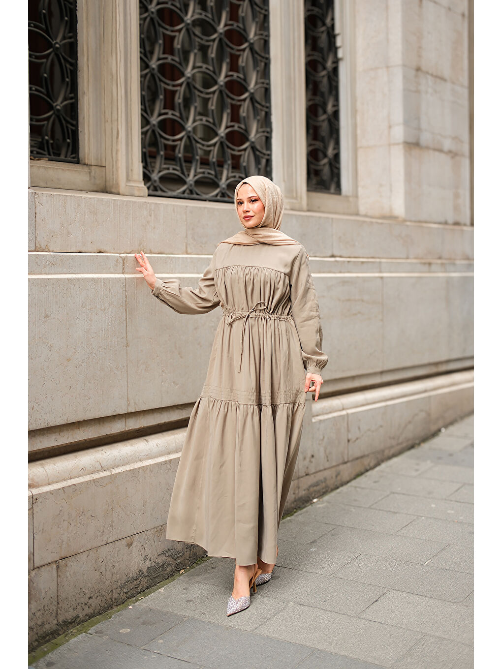 Kadın Süs Dikişli Büzgü Elbise Fıstık Yeşil-2