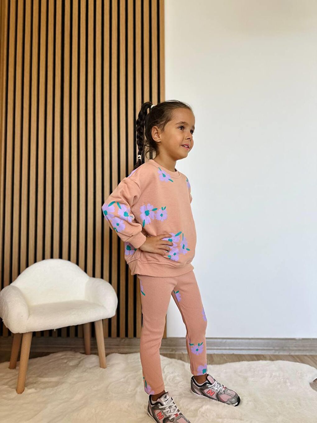 Karışık Kız Çocuk Pamuklu Somon Çiçek Desenli Sweatshirt Ve Tayt Eşofman Takım-3