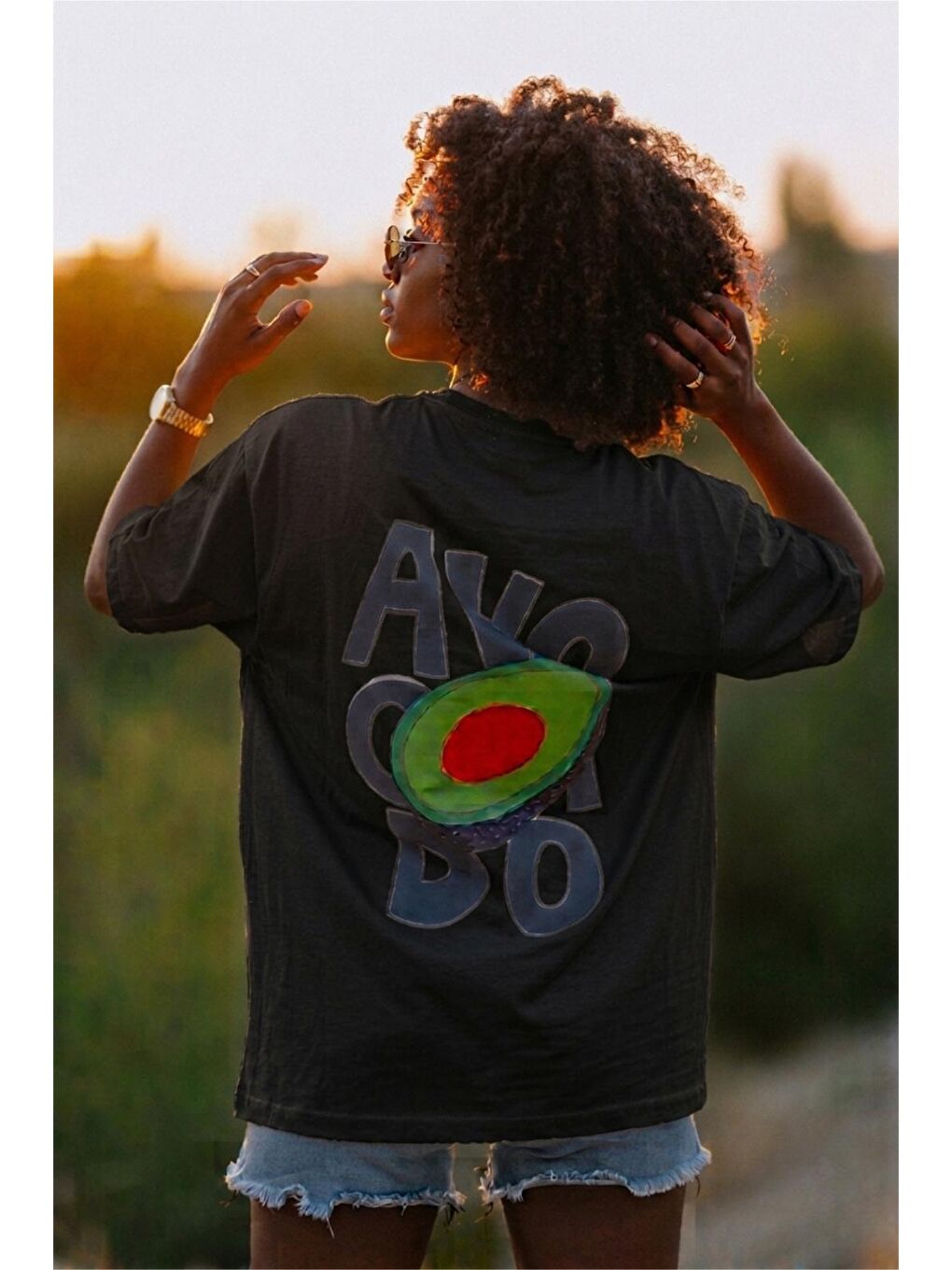 Siyah Avacado Sırt Baskılı Oversize Unisex Pamuklu Tişört