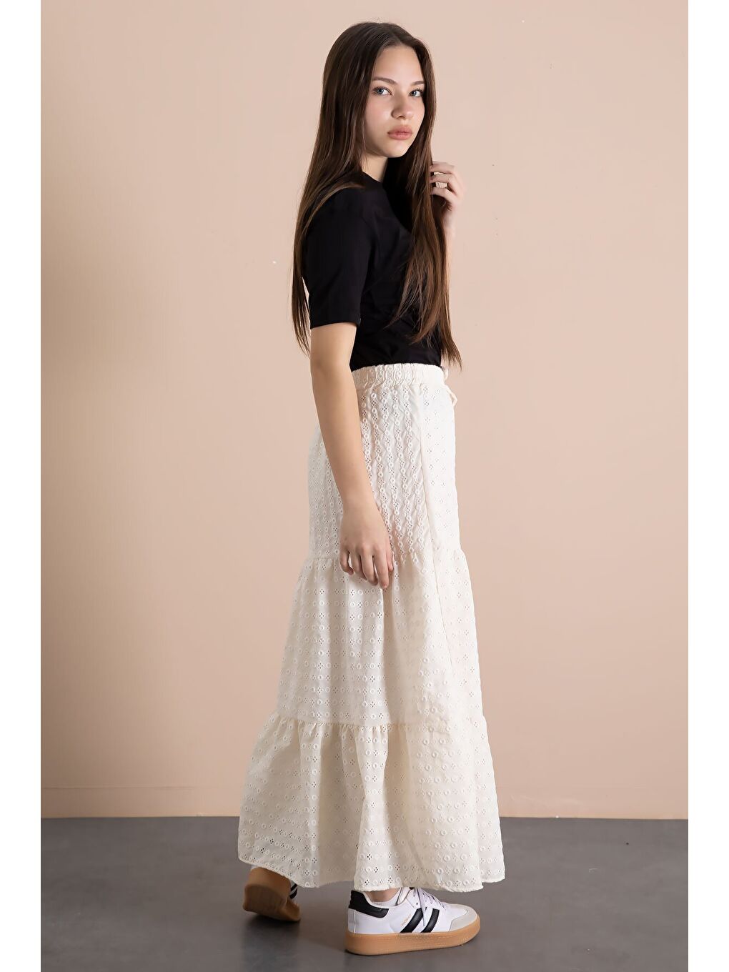 Ekru Krem Kız Çocuk Uzun Kesim Fistolu Etek 23778-3