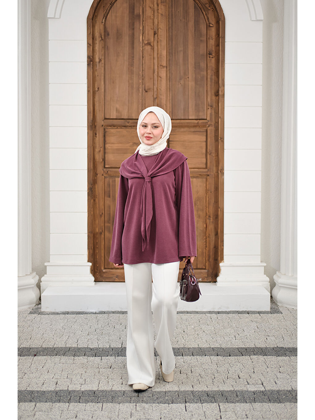 Kadın Yaka Pelerin Bağlamalı Bisiklet Yaka Tunik Mürdüm-1