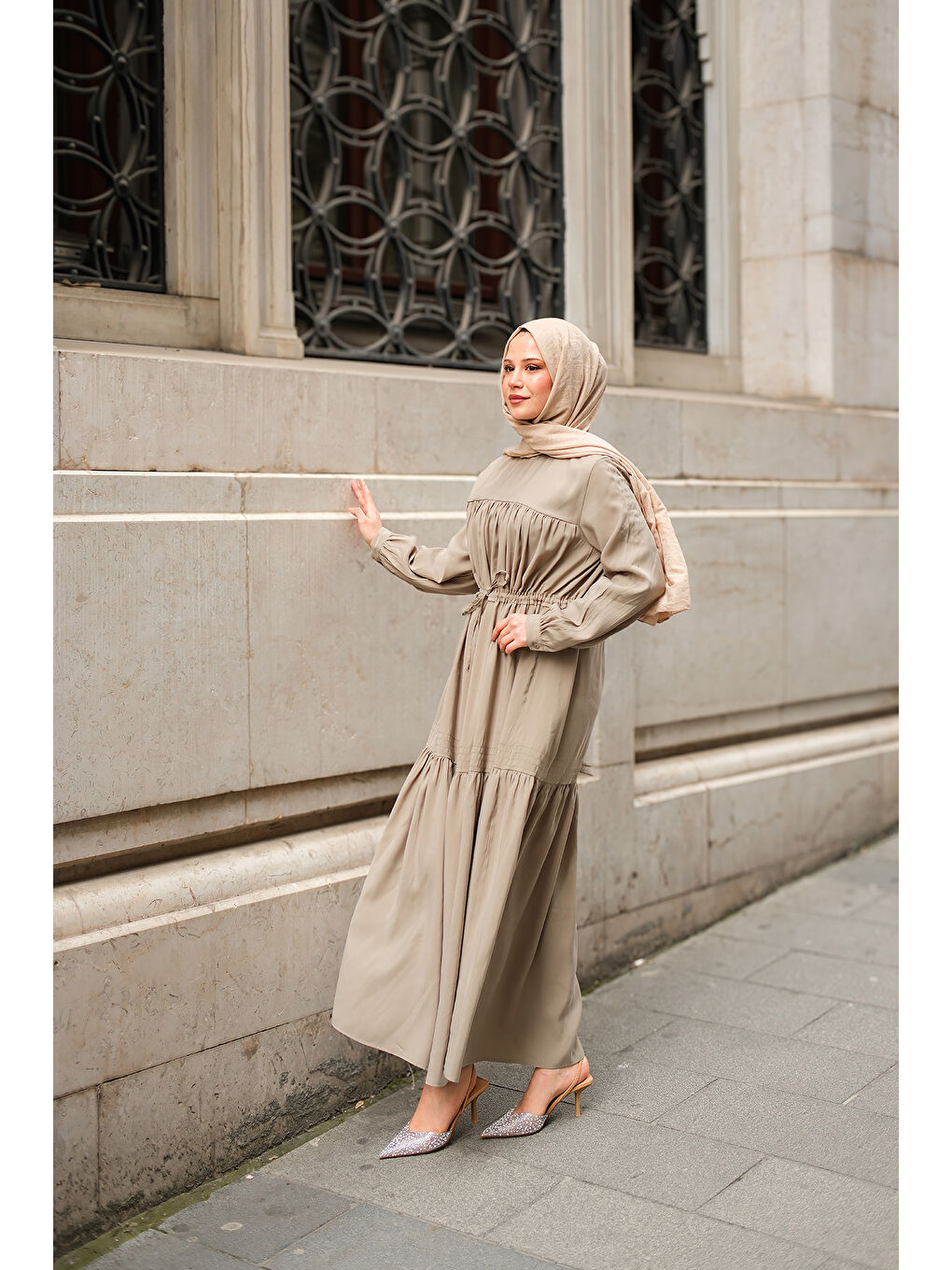 Kadın Süs Dikişli Büzgü Elbise Fıstık Yeşil-4