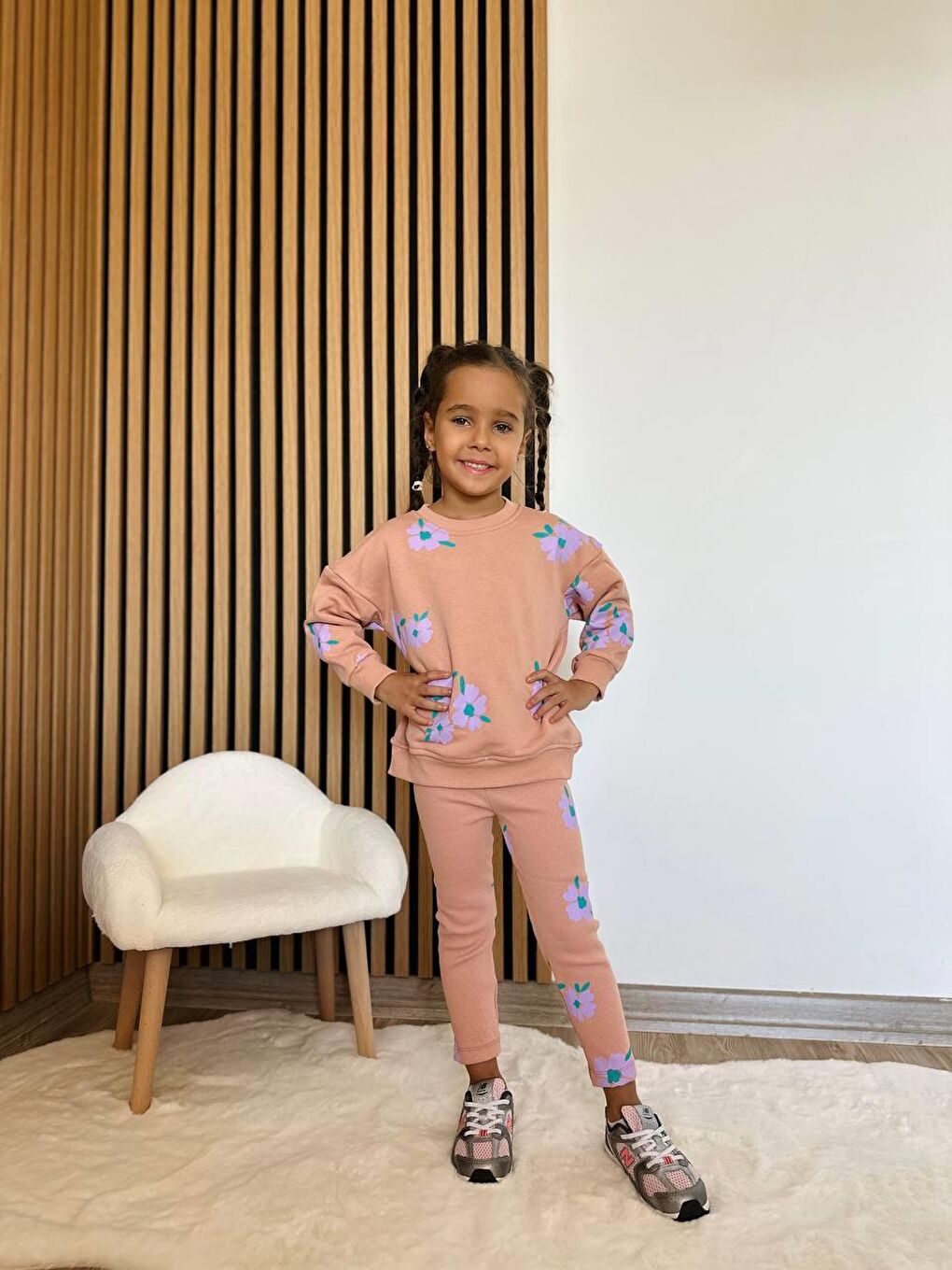 Karışık Kız Çocuk Pamuklu Somon Çiçek Desenli Sweatshirt Ve Tayt Eşofman Takım-4