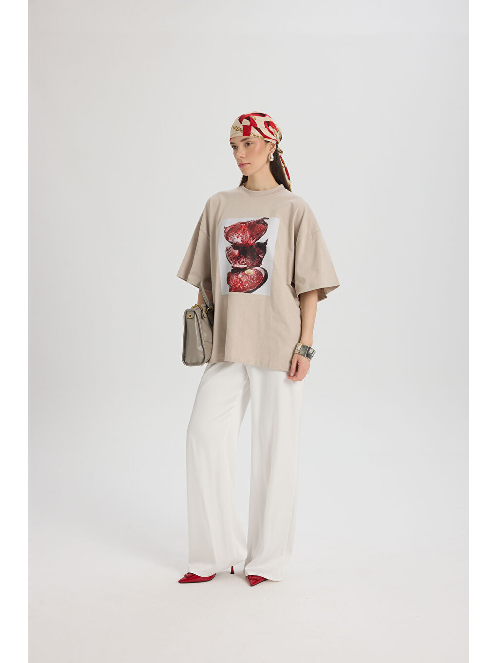 Bej Pomelo Oversize Taş T-Shirt-2
