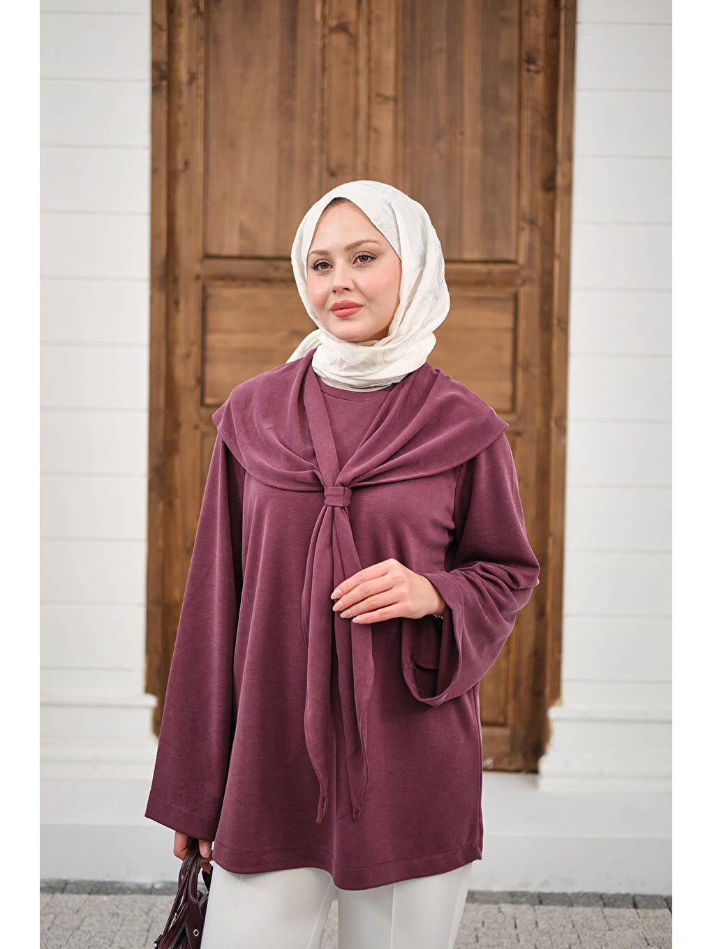 Kadın Yaka Pelerin Bağlamalı Bisiklet Yaka Tunik Mürdüm-2