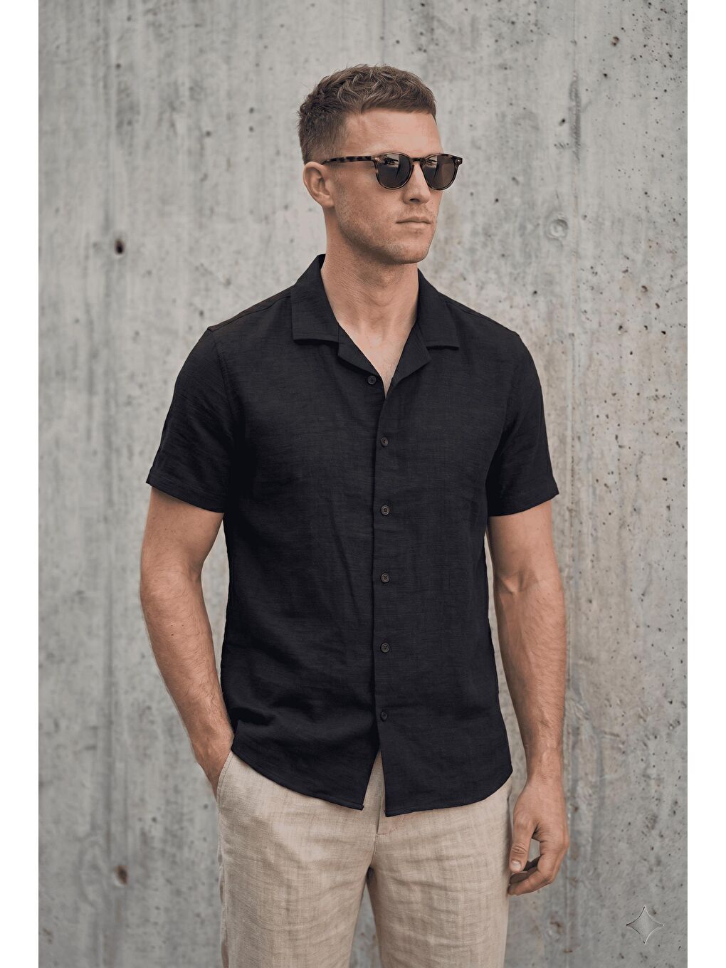 Siyah Alfio Erkek Apaş Yaka Kendinden Dokulu Kısa Kollu Yazlık Gömlek