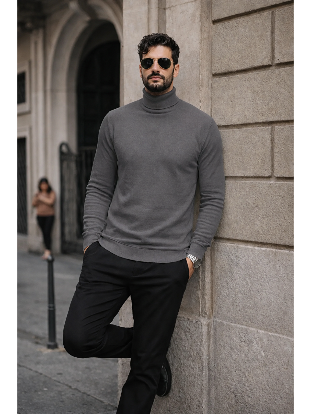 Erkek Kışlık Basic Slim Fit Uzun Antrasit Kazak-1
