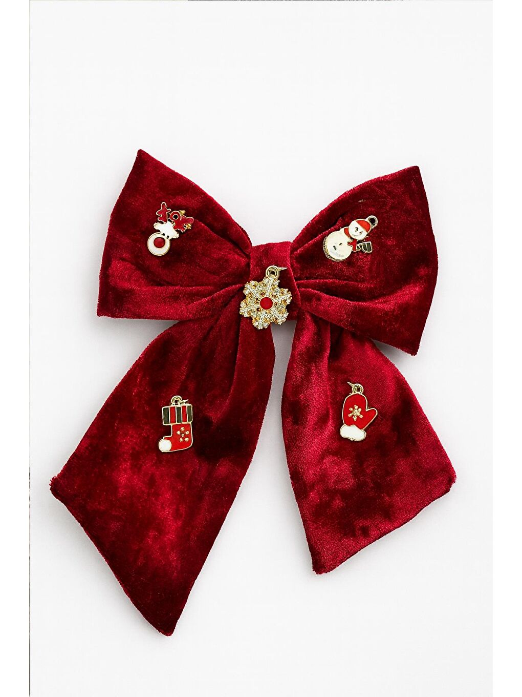 Kırmızı Yılbaşı Figürleri Charm Süslü Kadife Fiyonk Toka-2