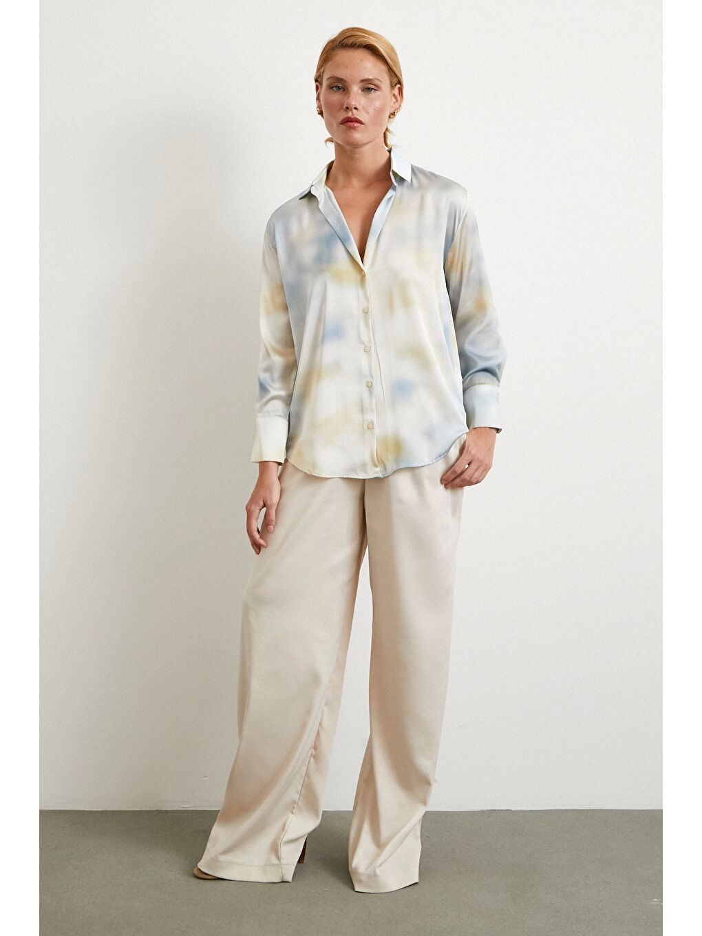 Ebruli Desen Saten GömleK Buz Mavisi-1