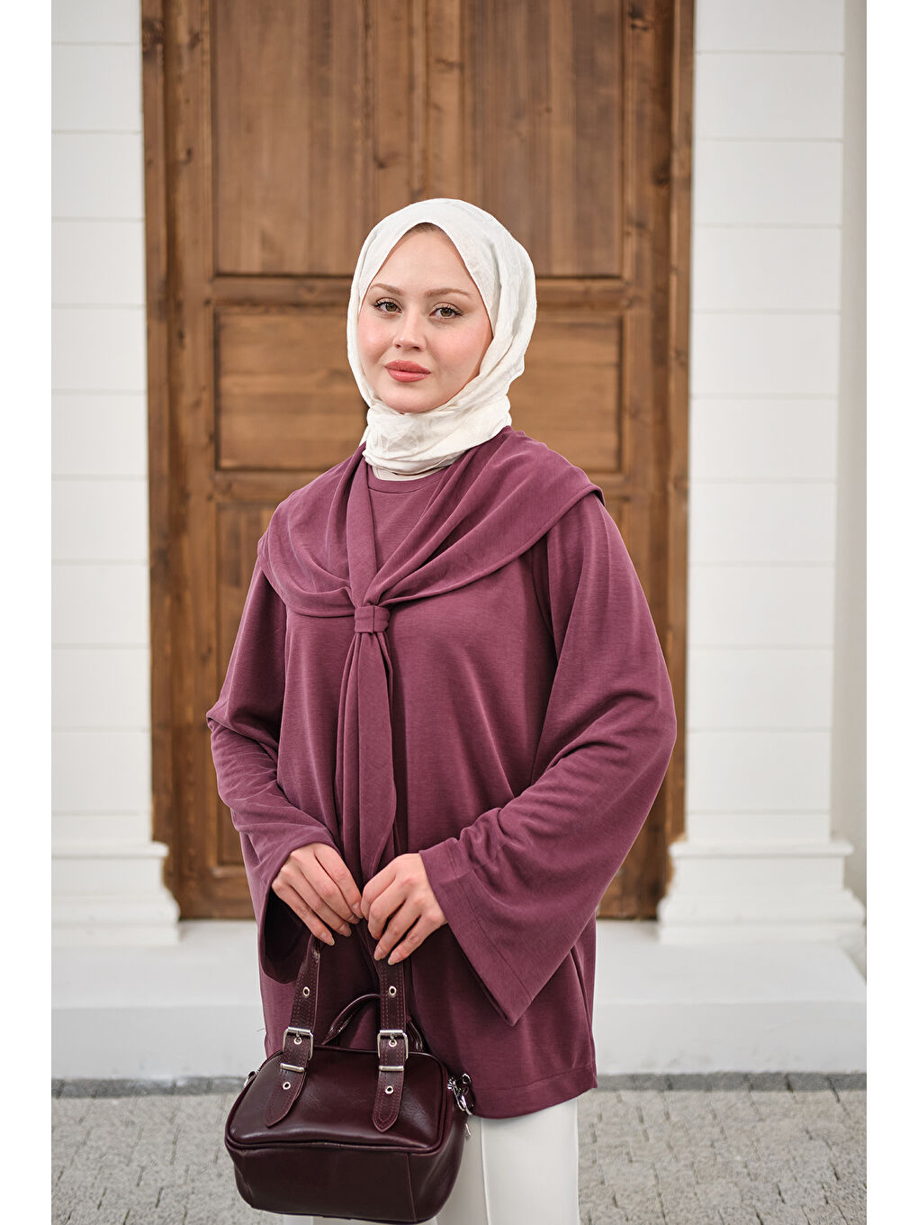 Kadın Yaka Pelerin Bağlamalı Bisiklet Yaka Tunik Mürdüm-4