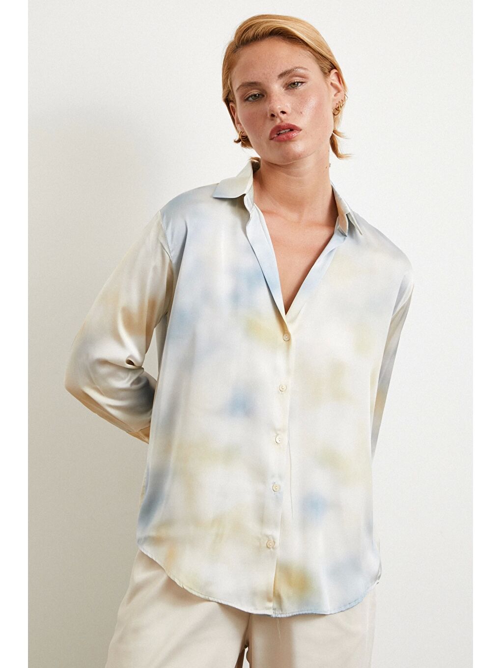 Ebruli Desen Saten GömleK Buz Mavisi-2