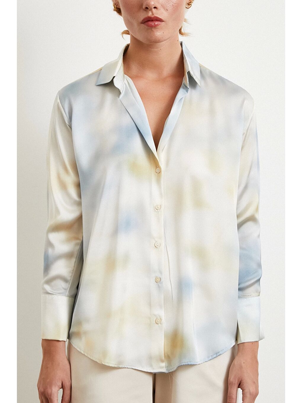 Ebruli Desen Saten GömleK Buz Mavisi-3