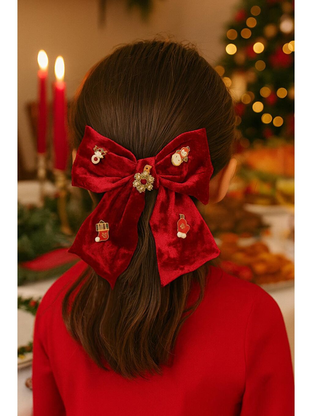 Kırmızı Yılbaşı Figürleri Charm Süslü Kadife Fiyonk Toka-5