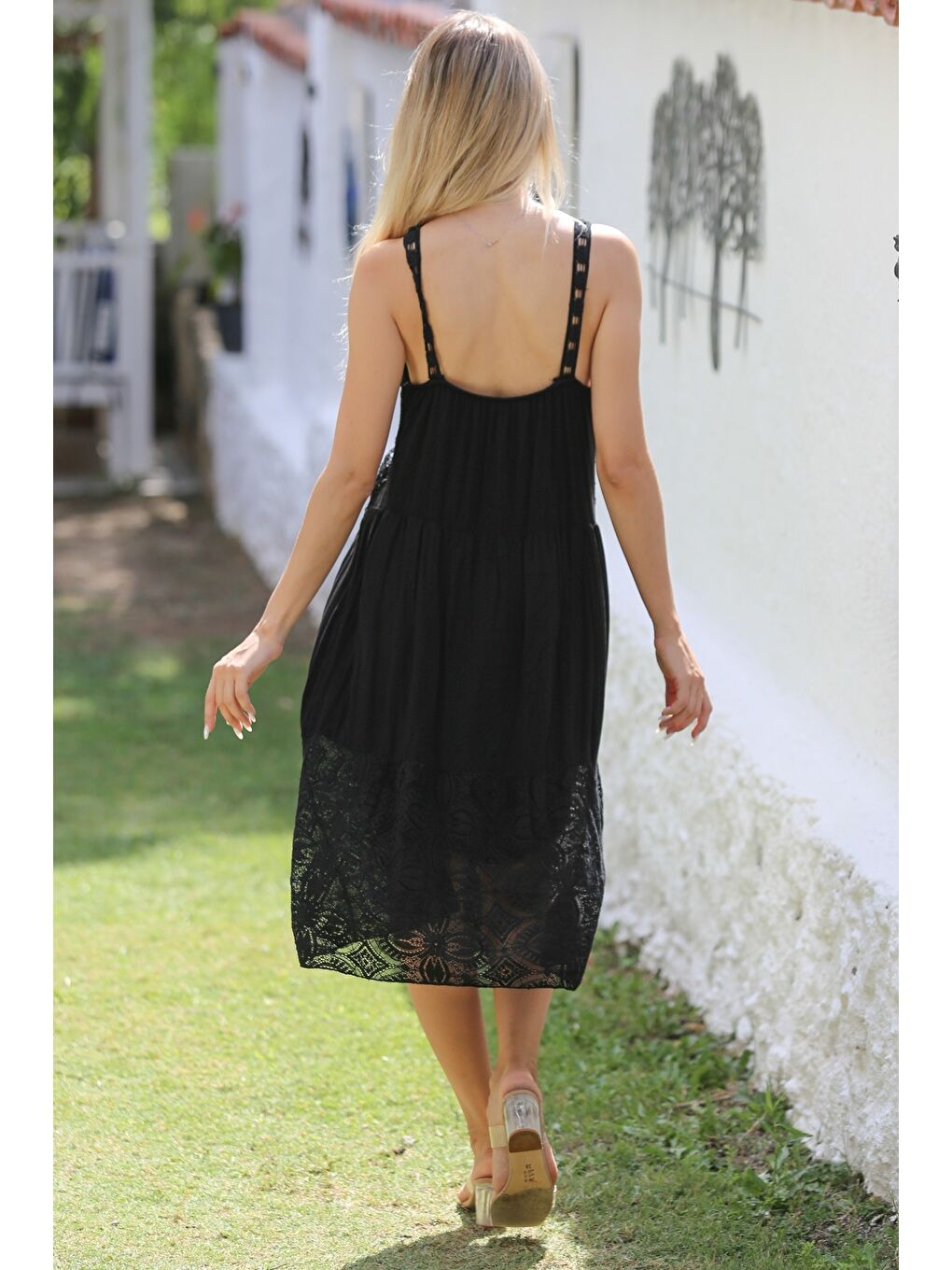 İtalyan Siyah Askılı Dantelli Fistolu Dokuma Casual Elbise-6