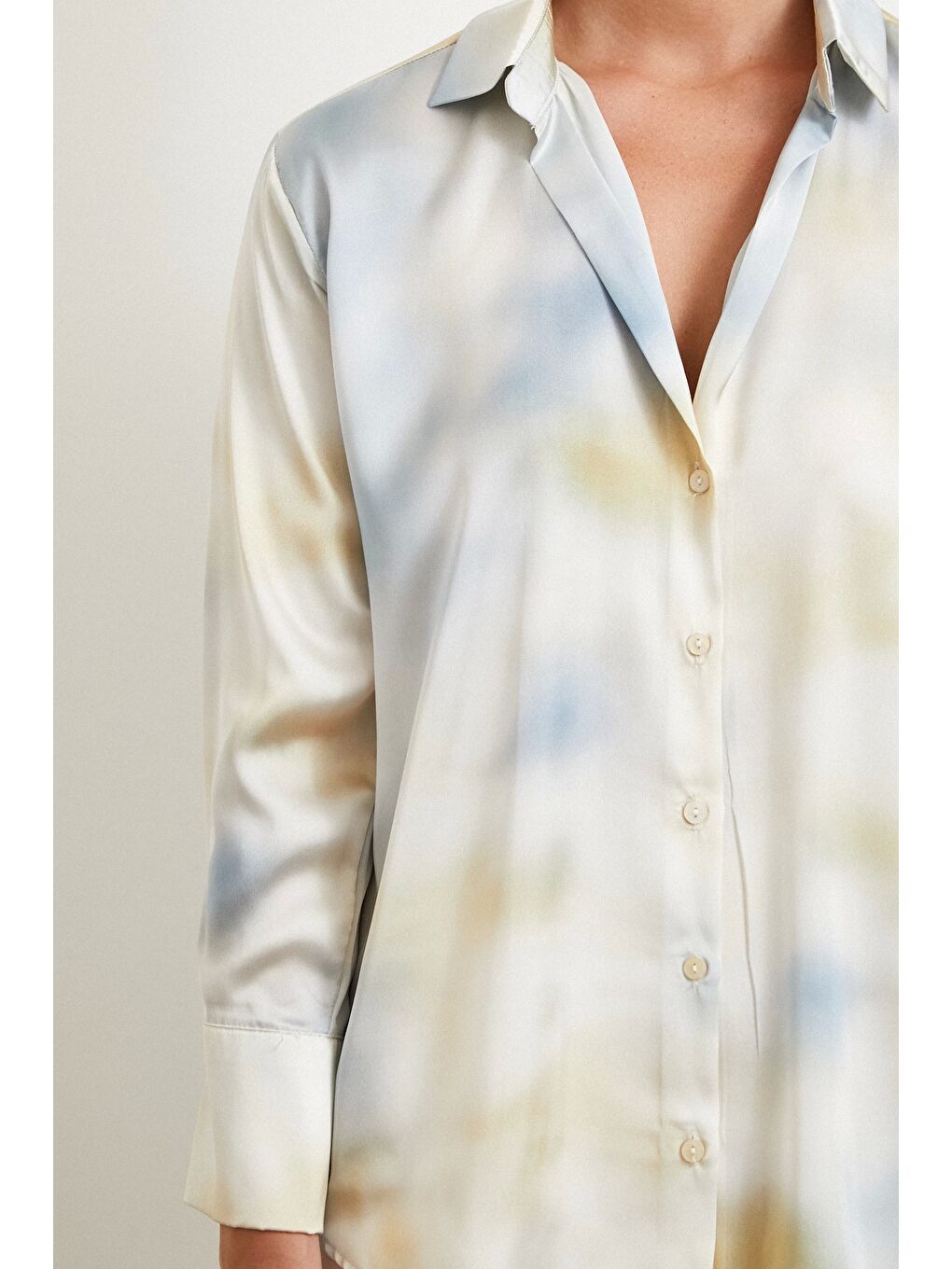 Ebruli Desen Saten GömleK Buz Mavisi-4