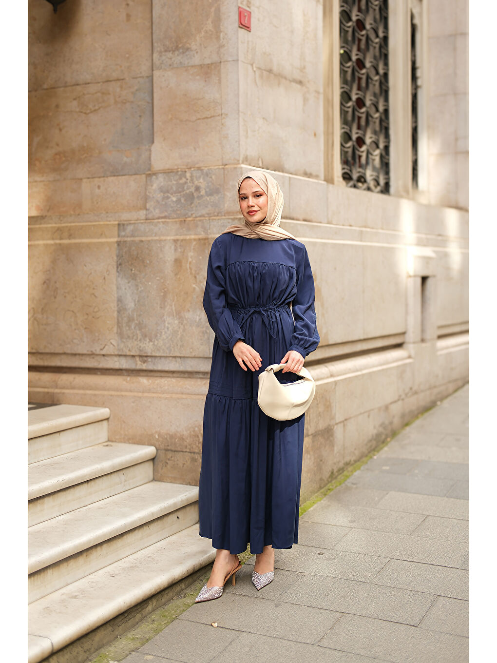 Kadın Süs Dikişli Büzgü Elbise Lacivert-1
