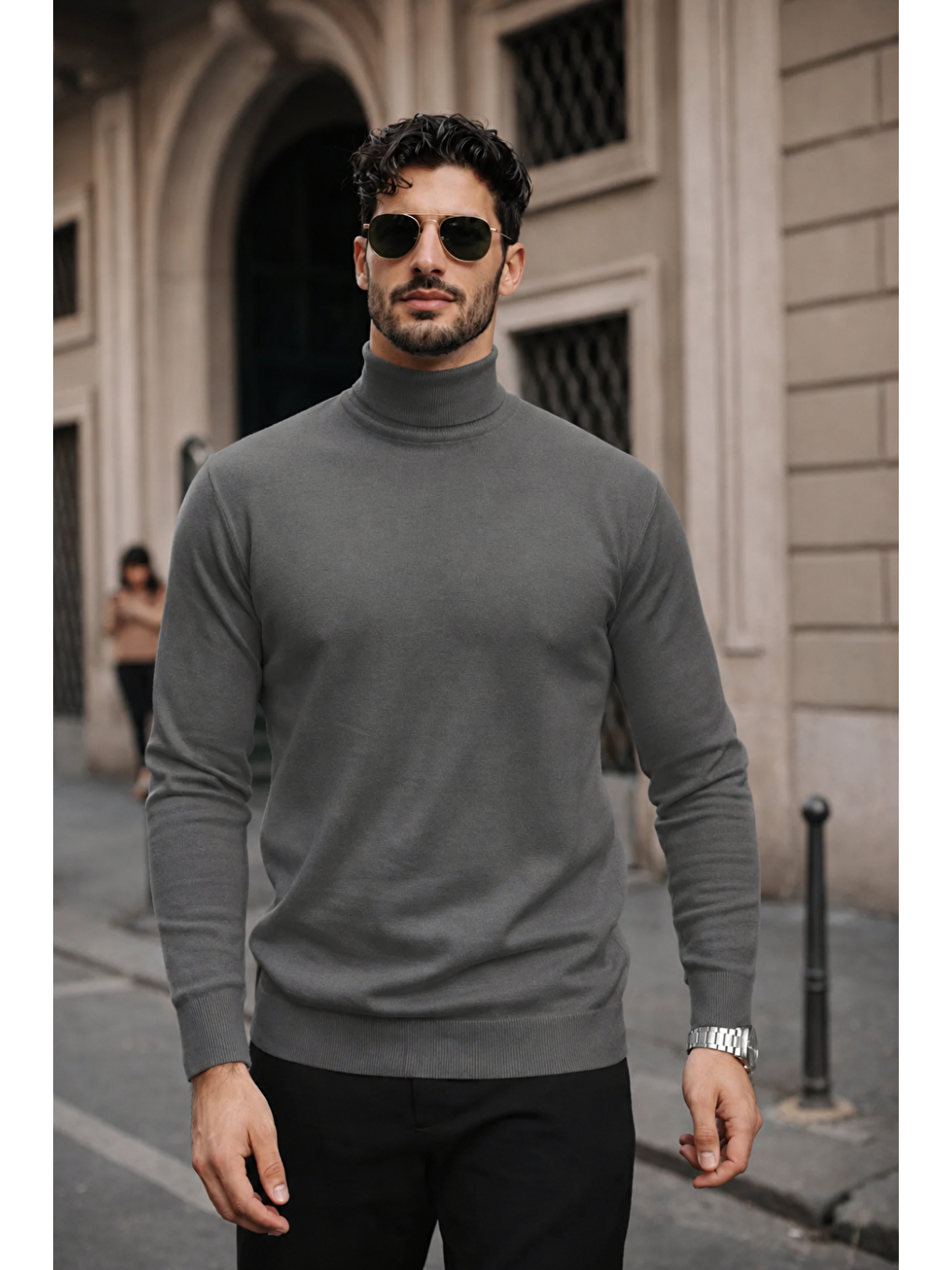 Erkek Kışlık Basic Slim Fit Uzun Antrasit Kazak-4