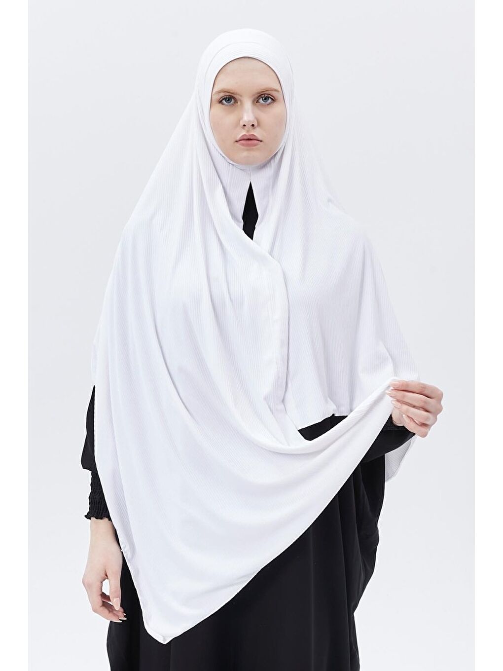 Beyaz Hazır Pratik Geçmeli Lüks Organik Çizgili Kaşkorse Şal Çapraz Hizalı-1