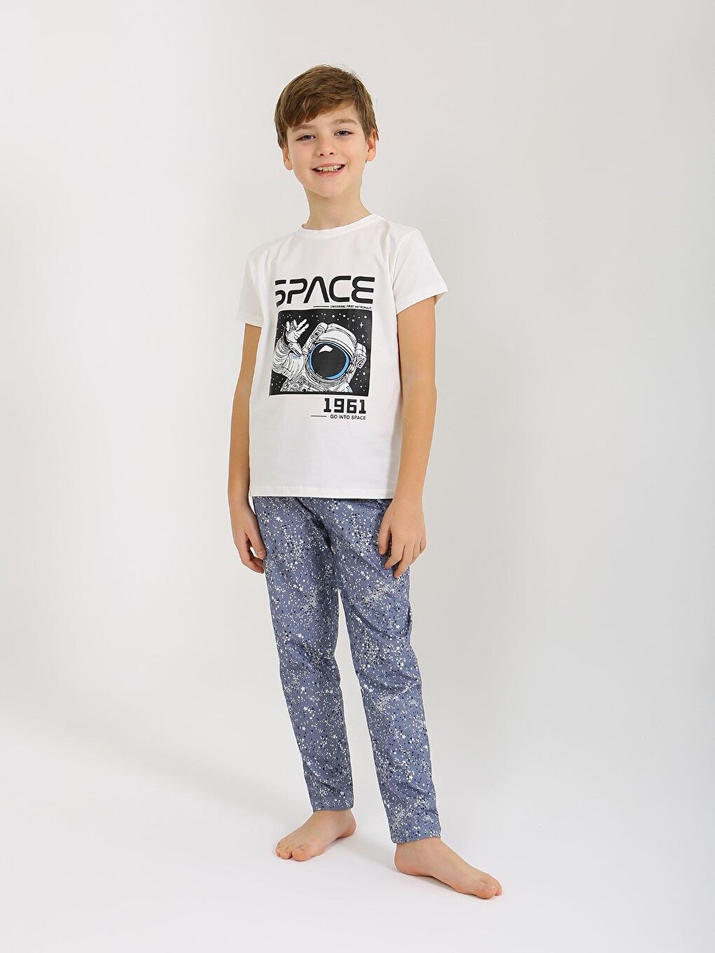 Ekru Erkek Çocuk Kısa Kollu %100 Pamuklu Pijama Takımı Go Space