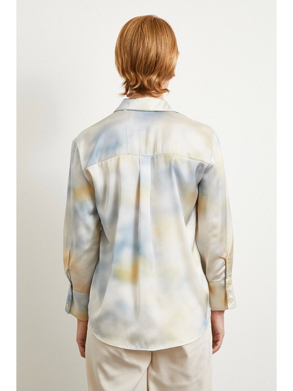 Ebruli Desen Saten GömleK Buz Mavisi-5