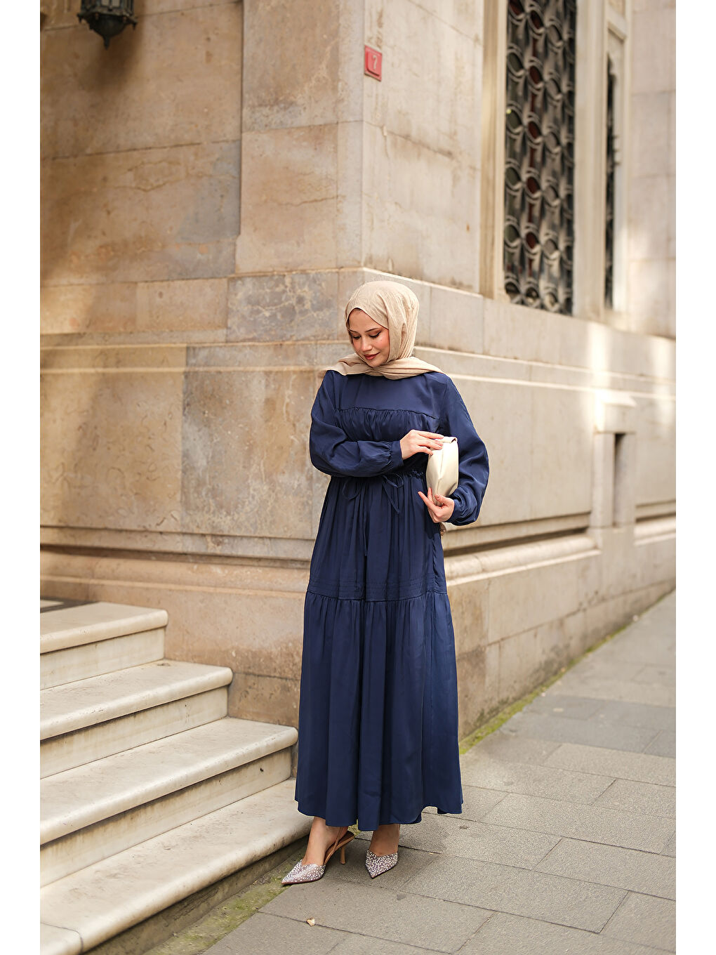 Kadın Süs Dikişli Büzgü Elbise Lacivert-2