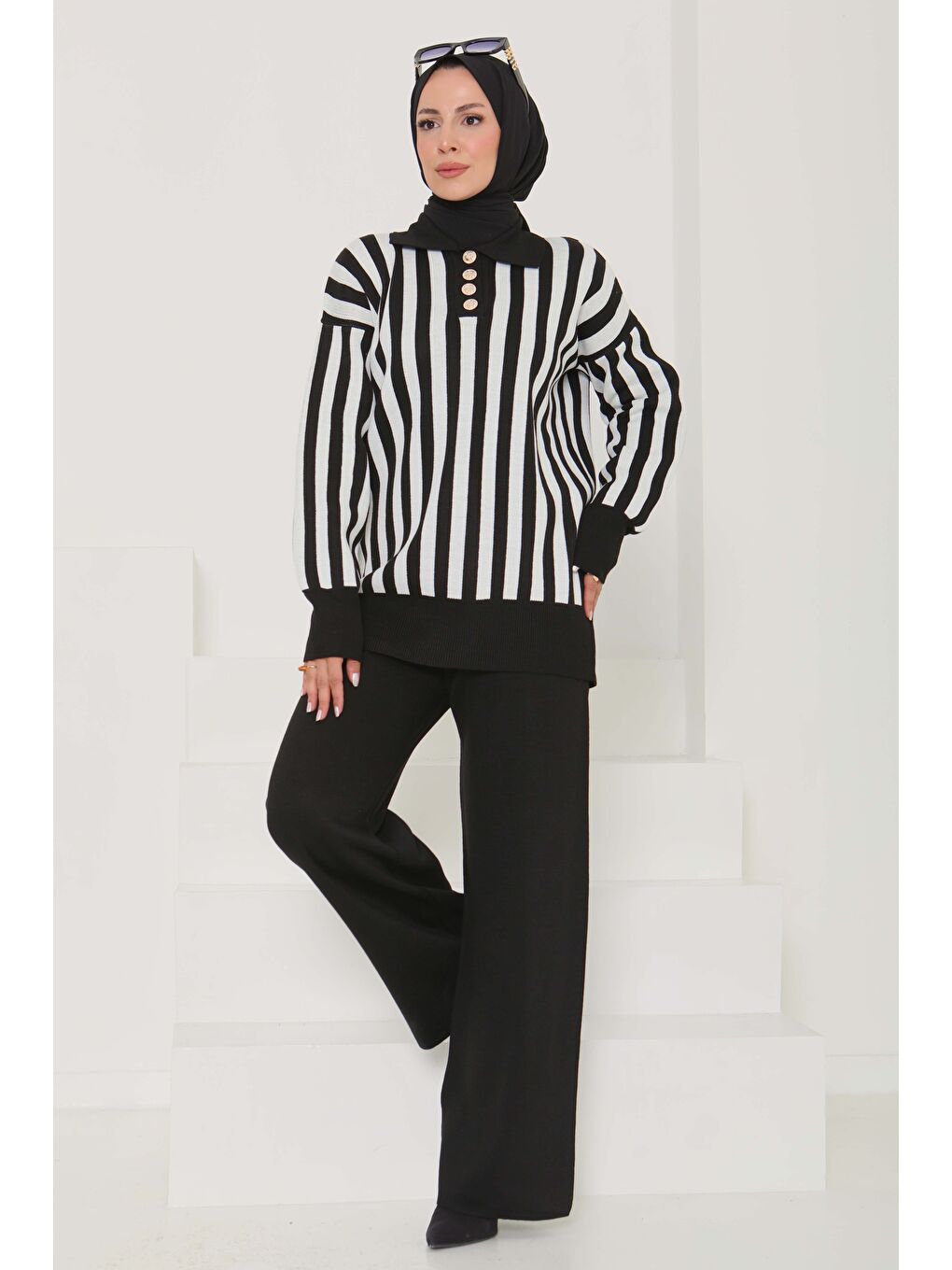 Çizgili Triko Takım Siyah - 26796