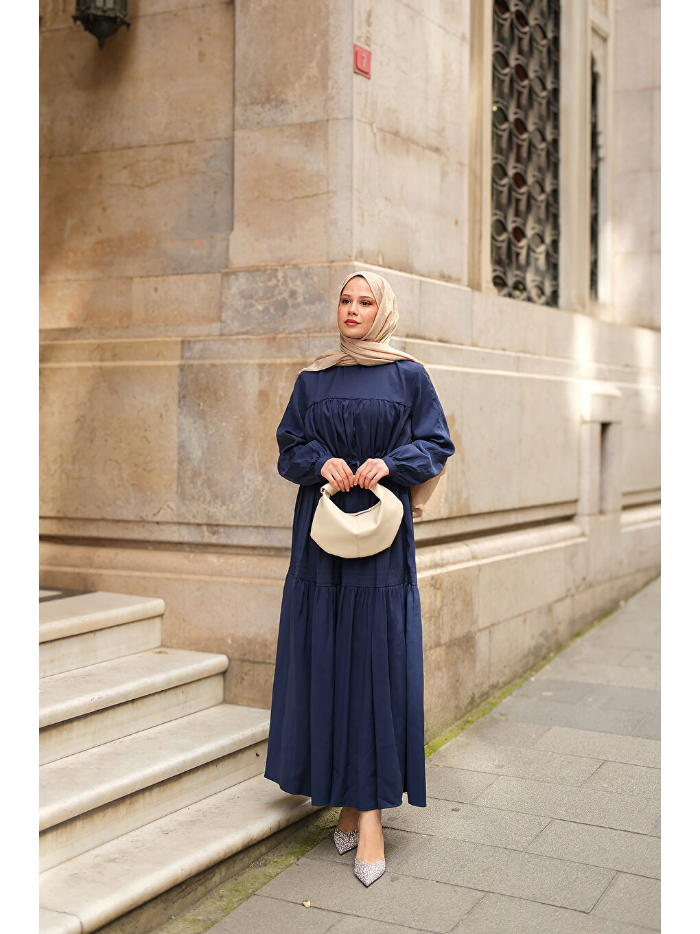 Kadın Süs Dikişli Büzgü Elbise Lacivert-3