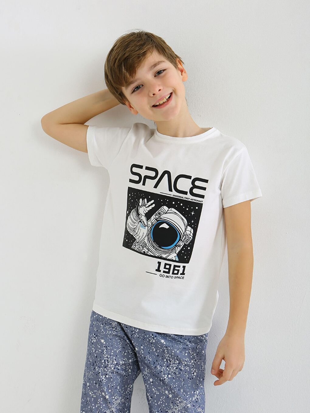 Ekru Erkek Çocuk Kısa Kollu %100 Pamuklu Pijama Takımı Go Space-1