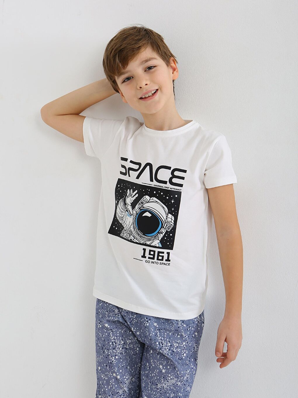 Ekru Erkek Çocuk Kısa Kollu %100 Pamuklu Pijama Takımı Go Space-2