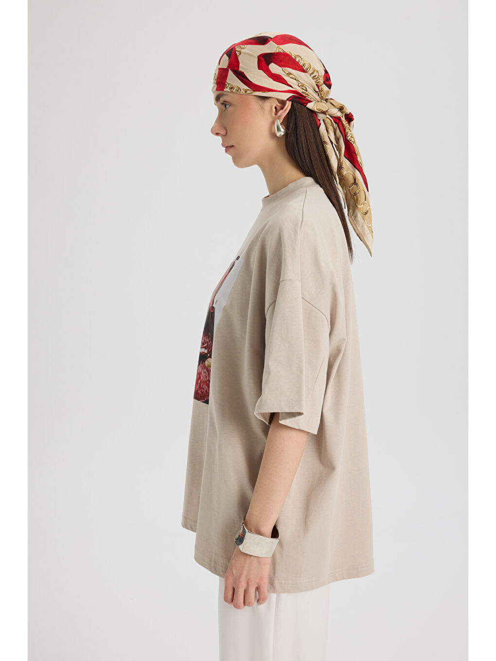 Bej Pomelo Oversize Taş T-Shirt-4