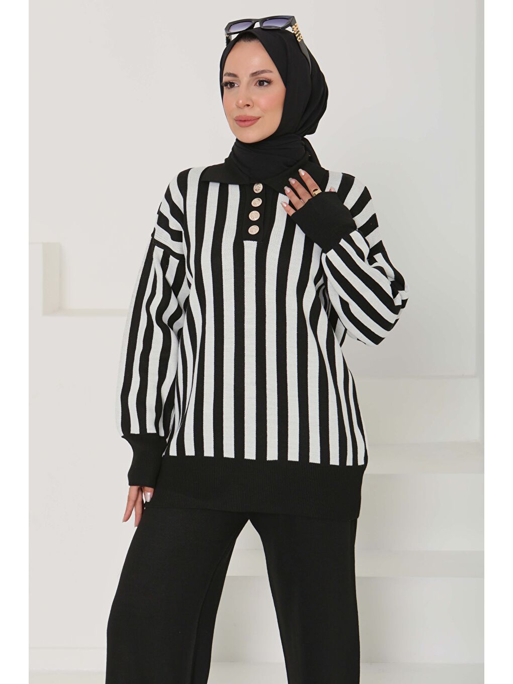 Çizgili Triko Takım Siyah - 26796-3