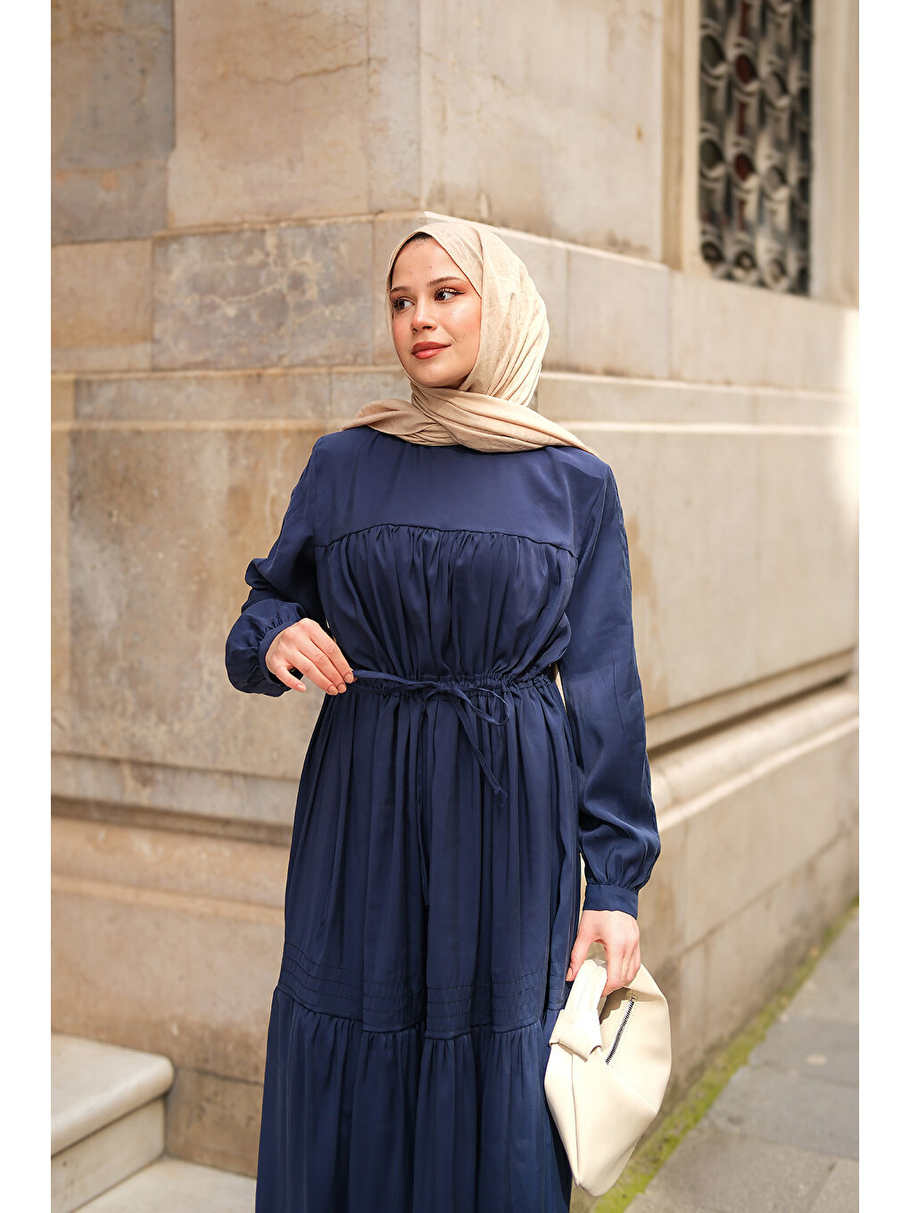 Kadın Süs Dikişli Büzgü Elbise Lacivert-4