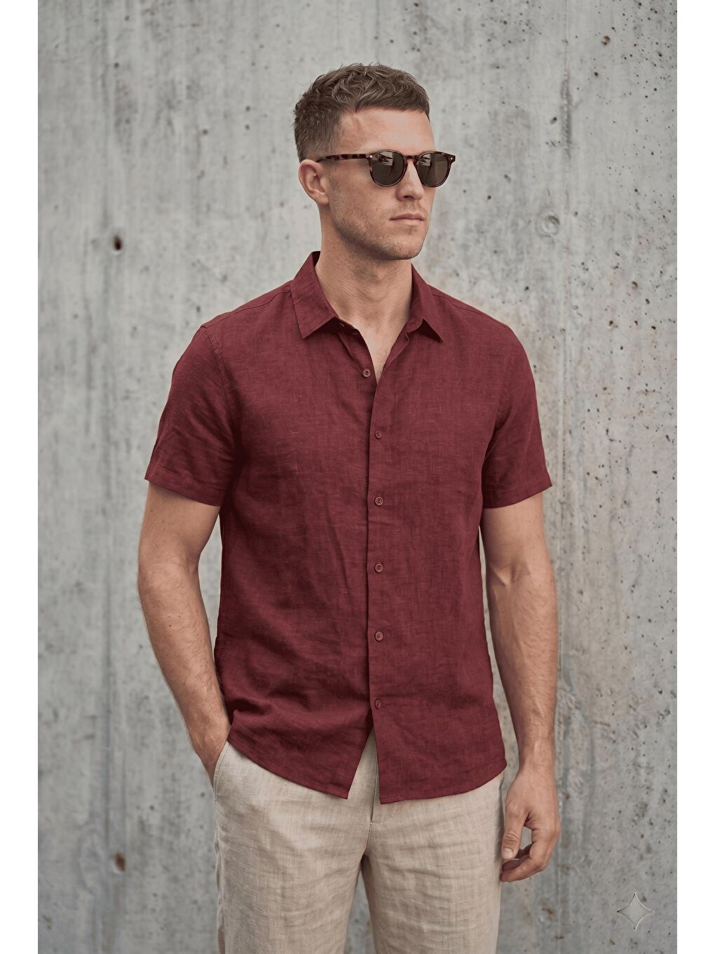 Bordo Alfio Erkek Apaş Yaka Kendinden Dokulu Kısa Kollu Yazlık Gömlek-1