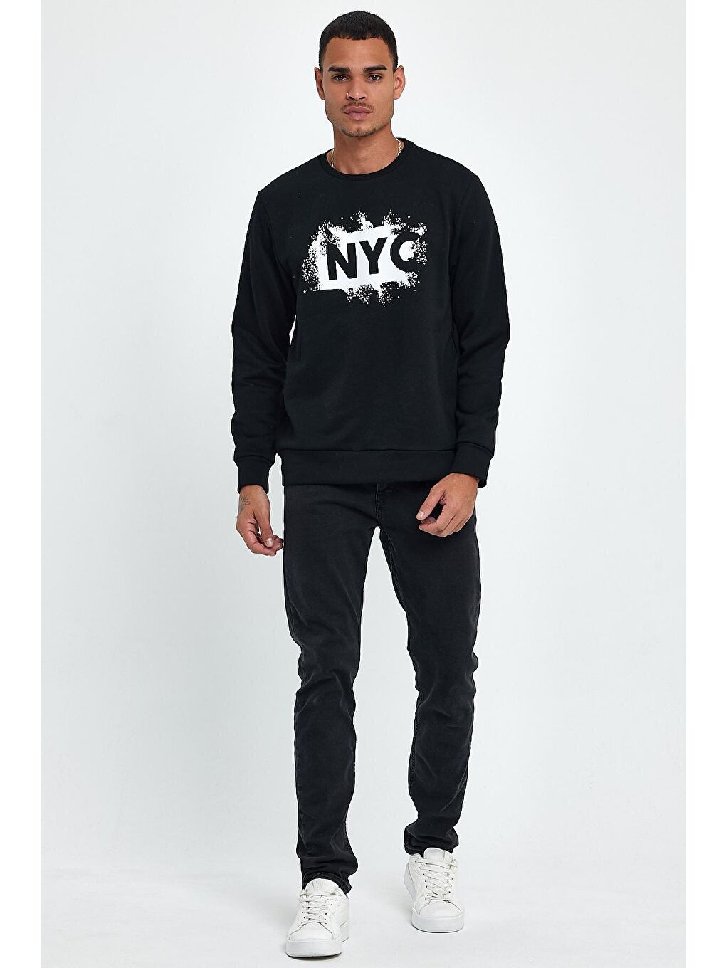 Siyah Erkek Bisiklet Yaka Regular Fit 3 İplik Kalın NYC Baskılı Sweatshirt spr24sw24